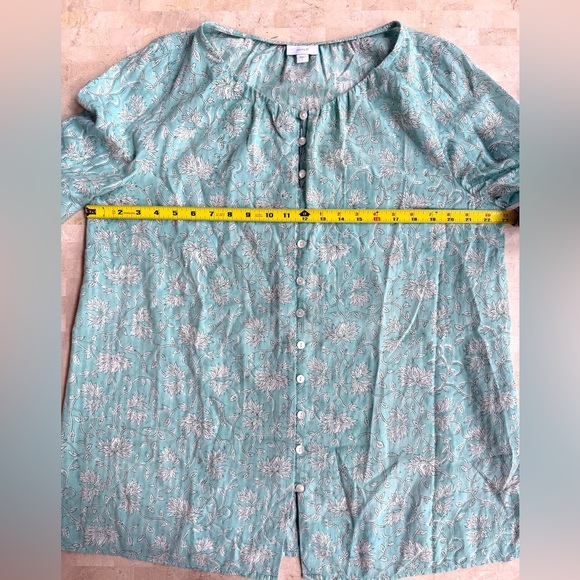 J.Jill Women's Sz L Green Floral Print Peasant Blouse Top Boho 100% Cotton - Picture 3 of 8